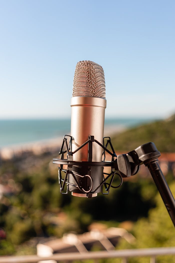 Microphone on tripod against hill and sea